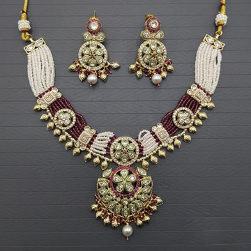 Maroon & Green Kundan Pearl Bridal Necklace Set for Women | Traditional Indian Wedding Jewellery Set