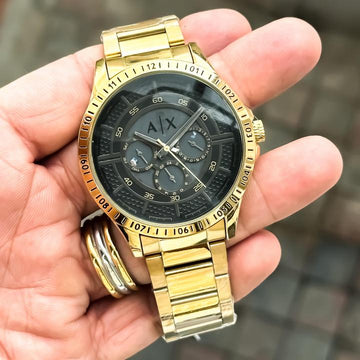Armani Exchange Men’s Gold Stainless Steel Chronograph Watch – Black Dial (AX Series)