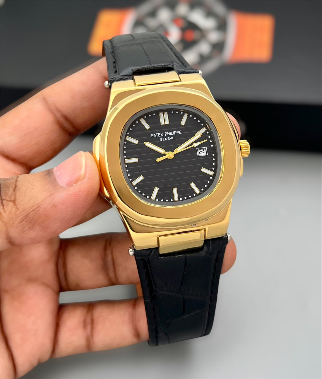 Patek Philippe Nautilus Men's Analog Black Dial Brown Leather Strap Luxury Watch
