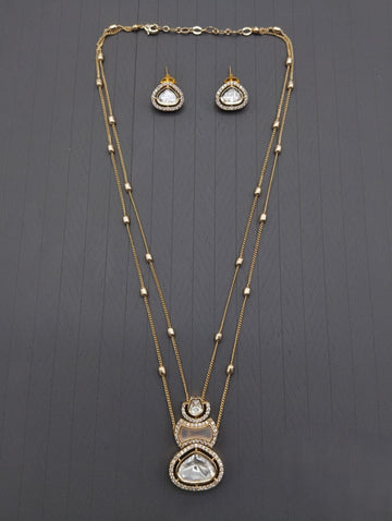 Royal Layered Kundan Pendant Necklace Set with Matching Earrings – Gold & White Finish