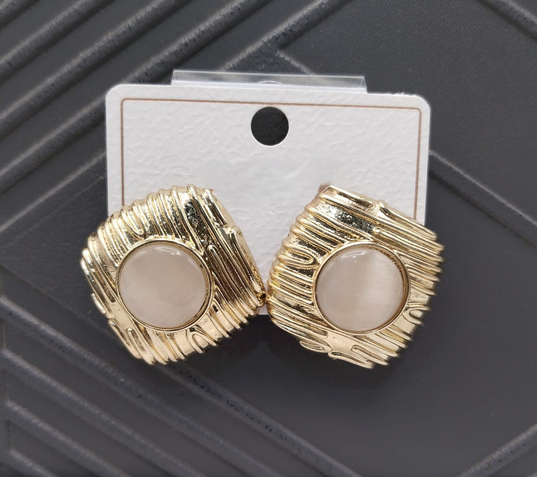 Elegant Golden-Plated Textured Stud Earrings with Round Stone Center – Premium Artificial Jewelry for Women & Girls