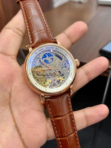 Patek Philippe Skeleton Automatic Mechanical Men’s Watch | Brown Leather Strap | Luxury Transparent Dial Watch