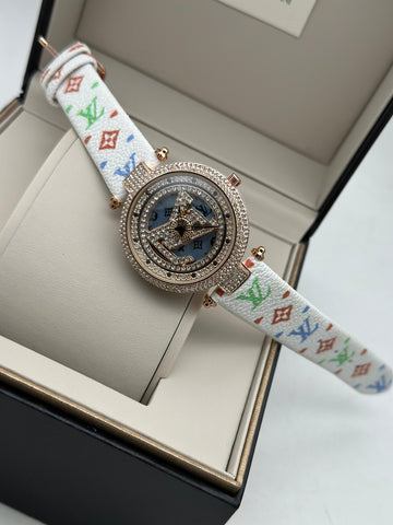 Luxury Designer Women’s Analog Watch | Diamond Studded Dial | White Multicolor Strap | Premium Fashion Watch for Women
