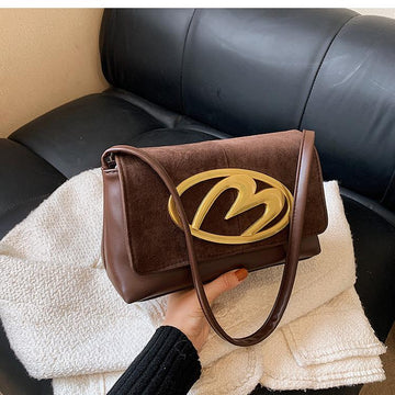 Trendy Brown Designer Shoulder Bag for Women | Premium PU Leather Handbag with Golden M Logo | Stylish Crossbody Sling Purse