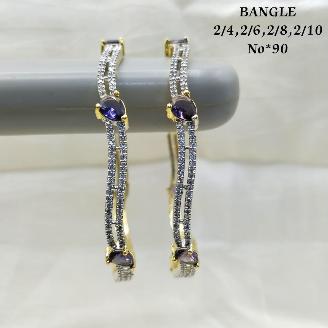 Premium Triple-Line CZ Stone Bangles with Pink Heart Stone | Gold Plated Artificial Bangles for Women | Sizes 2/4, 2/6, 2/8, 2/10 | Model No. 90