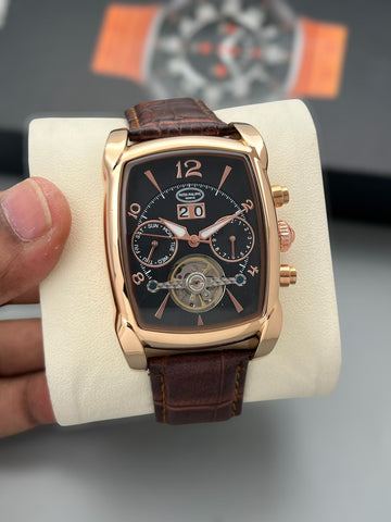 Premium Men’s Tonneau Shape Skeleton Automatic-Style Leather Strap Watch | Multi-Function Dial