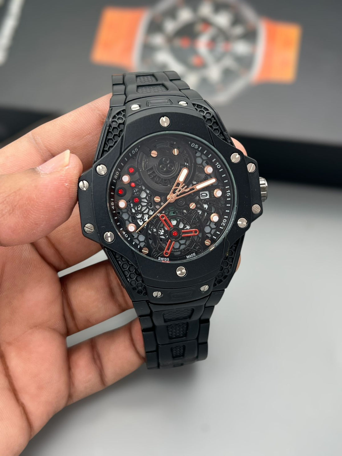 Premium Black Geometric Skeleton Dial Watch with Rubber Strap | Luxury Inspired Design