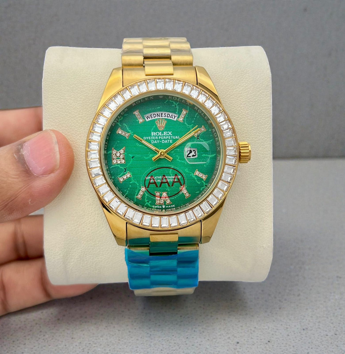 Luxury Day-Date Analog Watch for Men – Turquoise Dial with Crystal Bezel (Inspired Design)