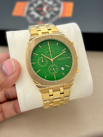 Men’s Luxury Chronograph Style Watch | Green Dial | Gold Stainless Steel Strap | Premium Analog Watch