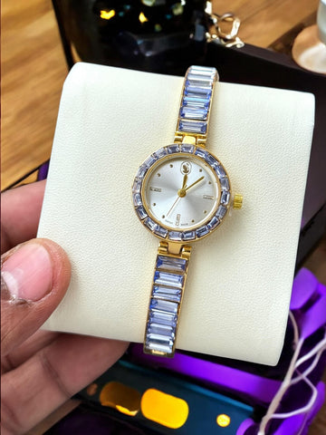 Women’s Luxury Crystal Bracelet Watch | Gold & Blue Stone Analog Watch for Ladies | Elegant Party Wear Wrist Watch