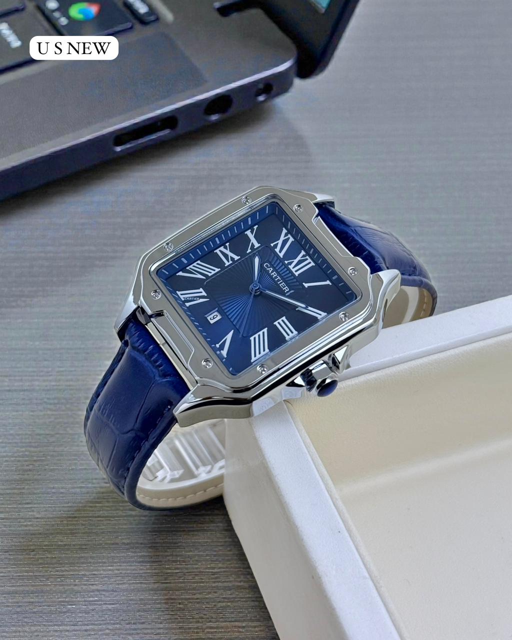 Luxury Santos Style Analog Watch for Men | Rose Gold Square Dial | Roman Numerals | Black Leather Strap