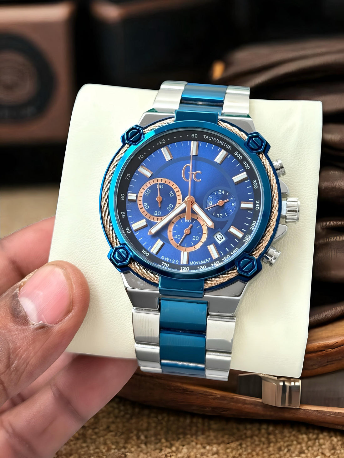 Luxury GC Style Chronograph Analog Watch for Men | Blue Dial | Tachymeter Bezel | Stainless Steel Strap