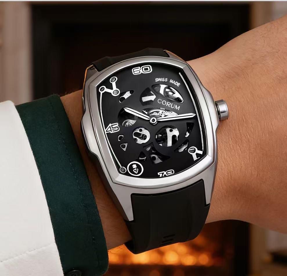 Men’s Luxury Skeleton Automatic Watch | Rose Gold Case | Black Silicone Strap | Tonneau Dial | Premium Mechanical Watch