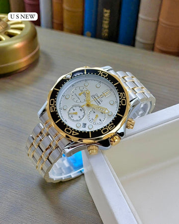 Premium Men’s Luxury Chronograph Style Watch | Dual Tone Steel Strap | White Dial Analog Wrist Watch