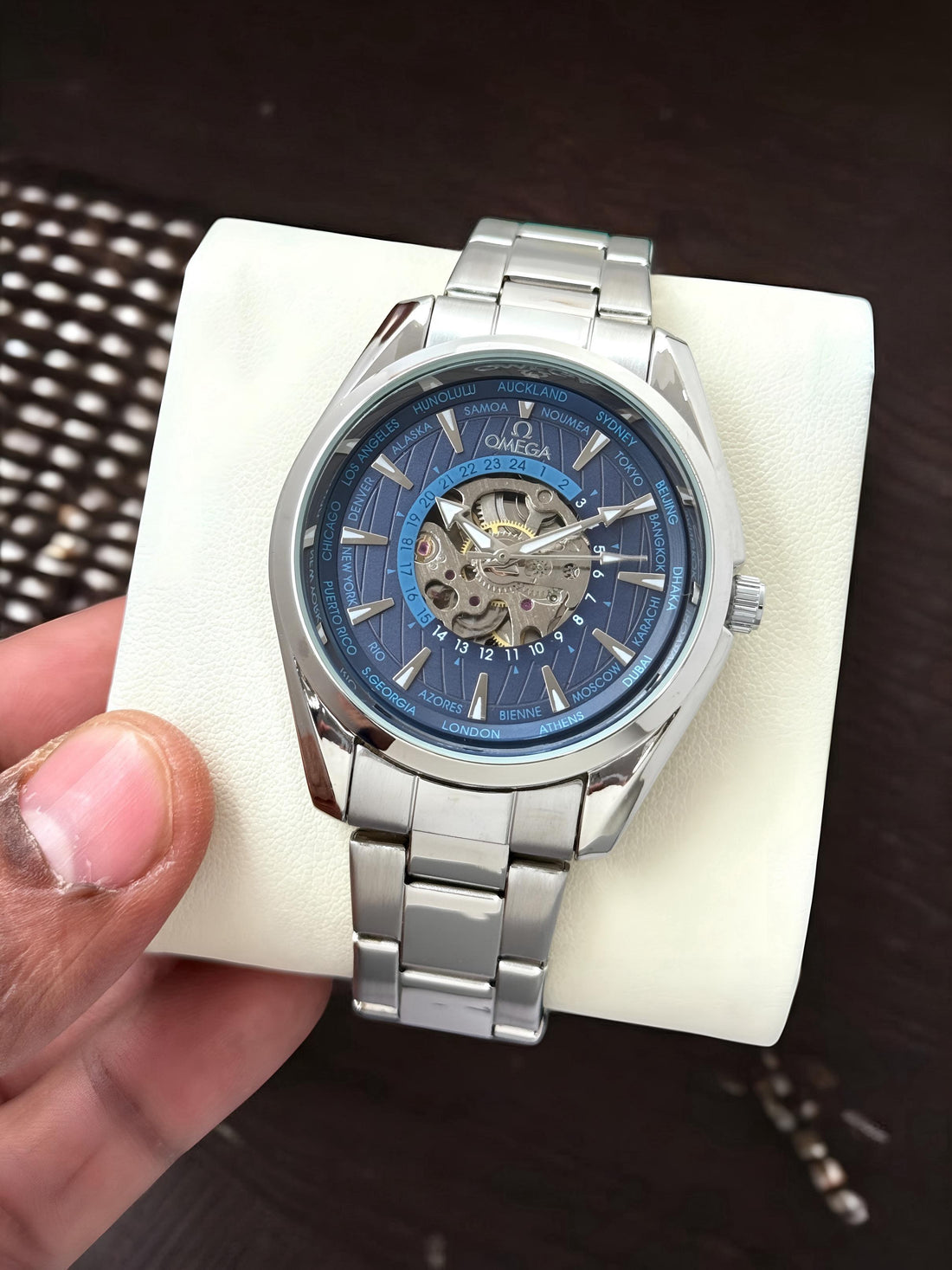 Men’s Luxury Automatic World Time Skeleton Watch | Green Dial | Stainless Steel Strap | Premium Mechanical Watch