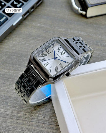 Men’s Square Dial Luxury Analog Watch | Roman Number Dial | Black Metal Strap | Classic Tank Style Watch
