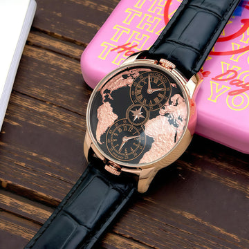 Luxury World Map Dual Time Men’s Watch | Jacob & Co Style Design | Rose Gold Case | Black Leather Strap | Premium Analog Watch