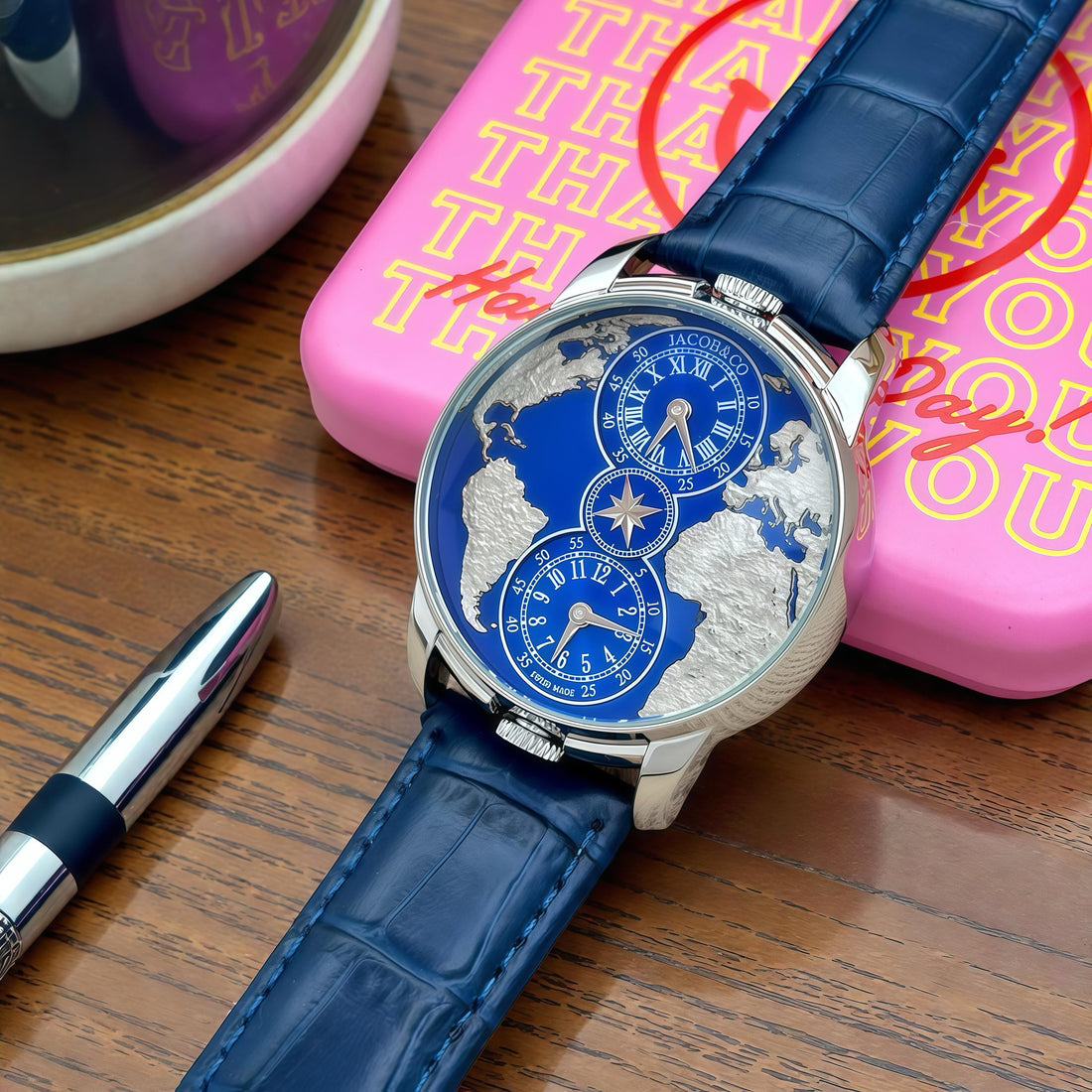 Luxury World Map Dual Time Men’s Watch | Jacob & Co Style Design | Rose Gold Case | Black Leather Strap | Premium Analog Watch