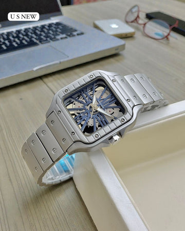 Luxury Square Skeleton Men’s Watch | Santos Style Design | Silver Stainless Steel Strap | Premium Analog Wrist Watch