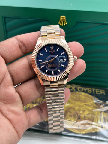 Luxury Sky-Dweller Style Men’s Watch | Rose Gold Chain Strap | Blue Dial | Premium Designer Wrist Watch