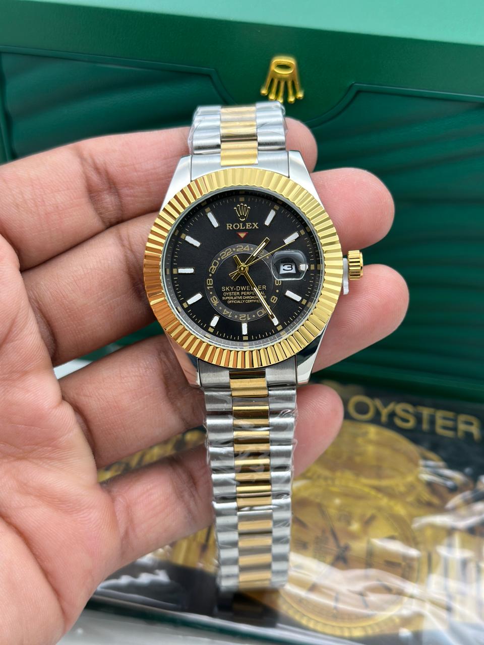 Luxury Sky-Dweller Style Men’s Watch | Rose Gold Chain Strap | Blue Dial | Premium Designer Wrist Watch