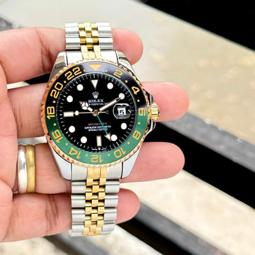 Men’s Luxury GMT Style Analog Watch | Two-Tone Stainless Steel Strap | Black Dial with Date | Premium Imported Watch
