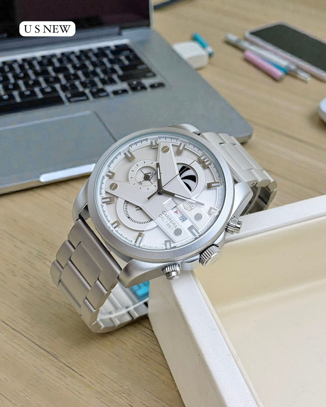 Luxury Chronograph Style Men’s Watch | Black Dial | Silver Stainless Steel Strap | Multi-Function Analog Watch for Men