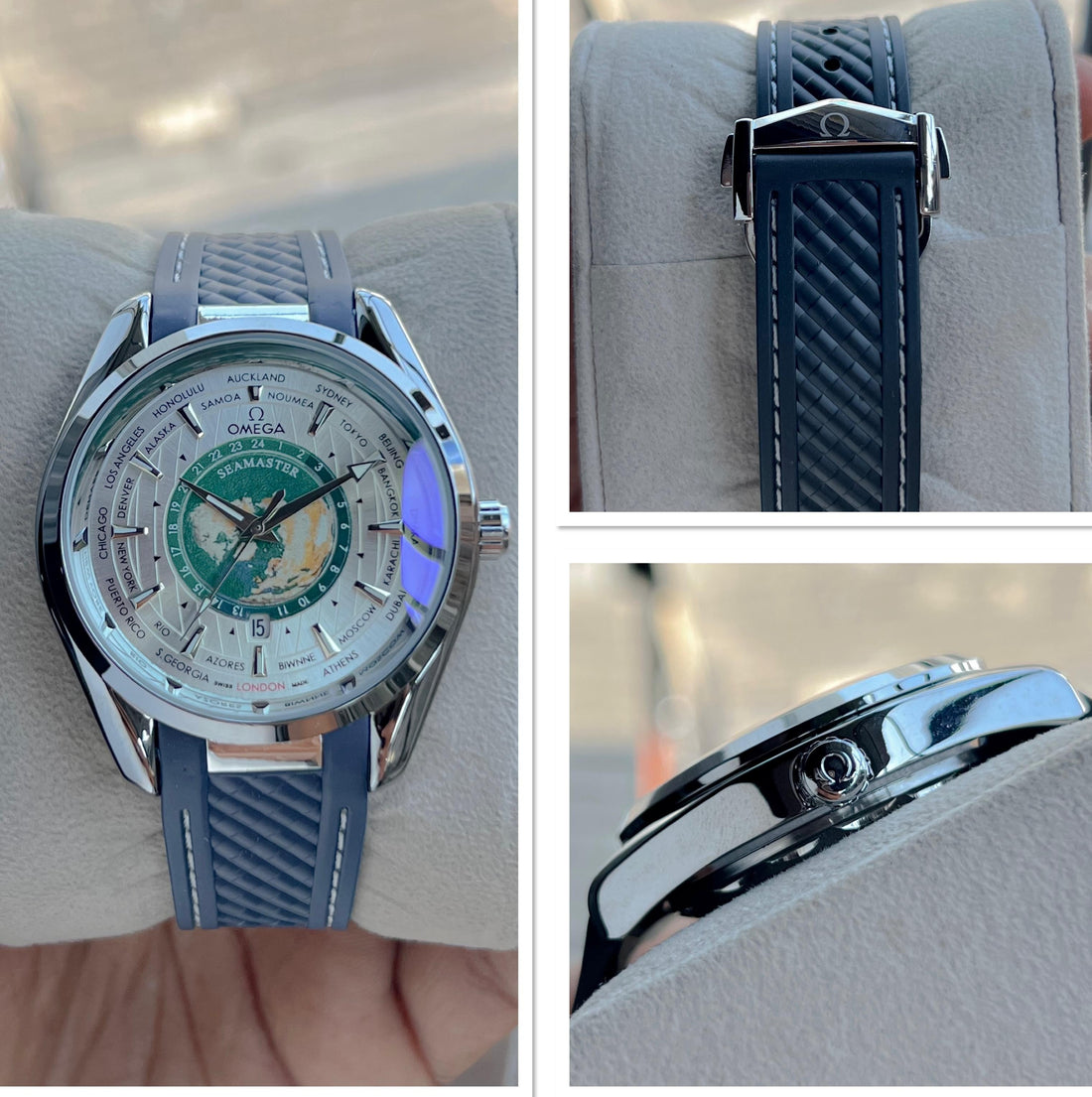 Luxury World Time Style Men’s Watch | Seamaster Inspired Design | Dual Time GMT Dial | Blue Silicone Strap | Premium Analog Watch