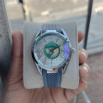 Luxury World Time Style Men’s Watch | Seamaster Inspired Design | Dual Time GMT Dial | Blue Silicone Strap | Premium Analog Watch