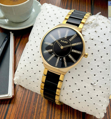 Luxury Analog Men’s Watch | Black Dial with Crystal Markers | Gold & Black Stainless Steel Strap | Premium Designer Watch for Men