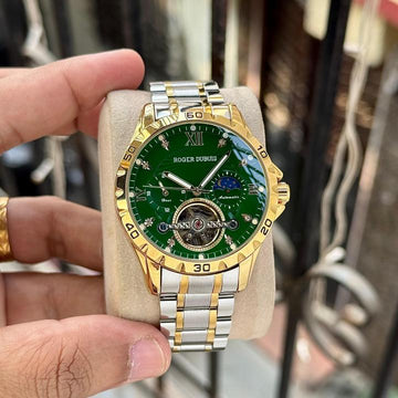 Luxury Automatic Tourbillon Style Men’s Watch | Green Dial | Gold & Silver Stainless Steel Strap | Premium Analog Wrist Watch