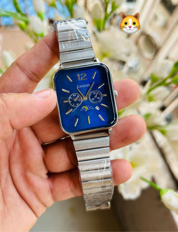 Casio Square Dial Analog Men’s Watch with Stainless Steel Strap – Blue Dial (Day, Date & Moon Display)