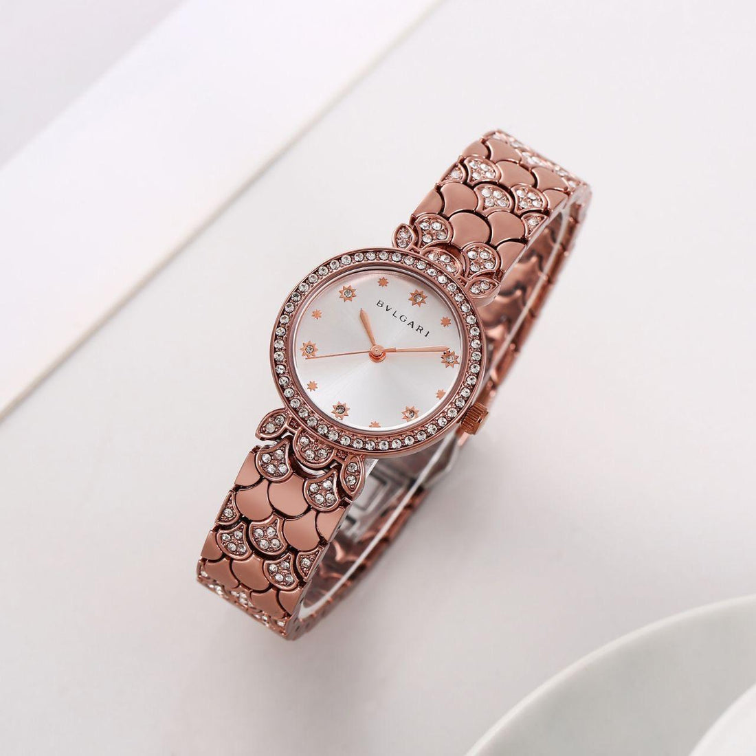 Luxury Style Women’s Rose Gold Analog Watch with Crystal Studded Dial & Designer Bracelet – Party Wear