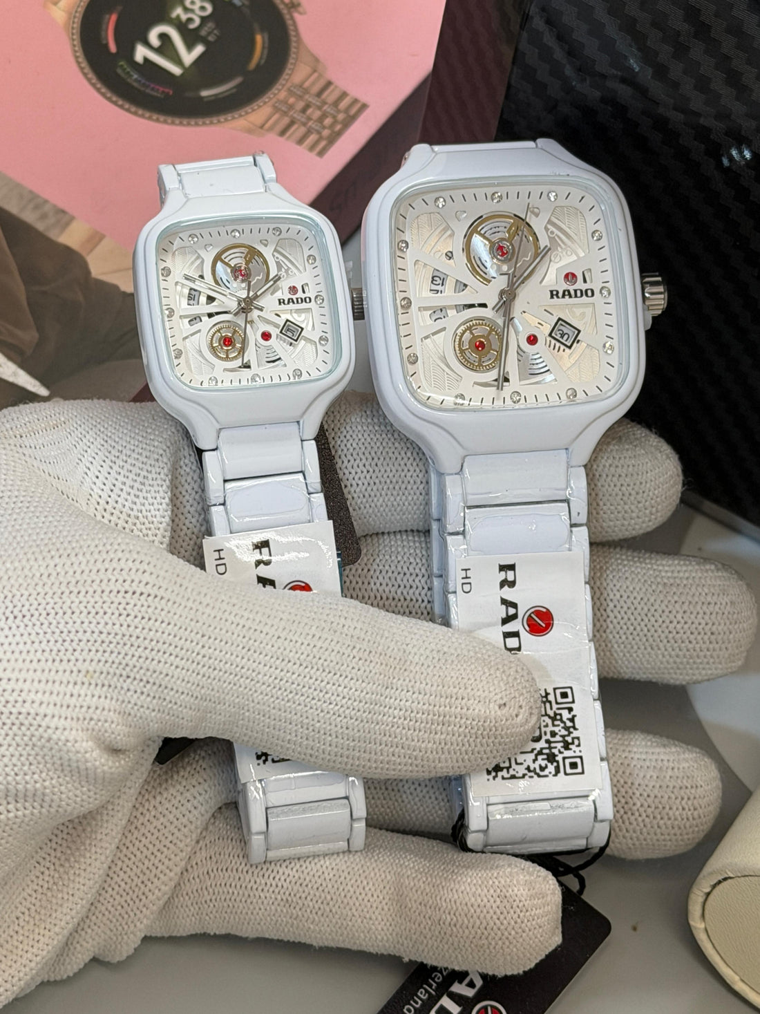 Luxury Gold Couple Wrist Watch Set | Rado-Style Square Dial Metal Strap Watches for Men & Women