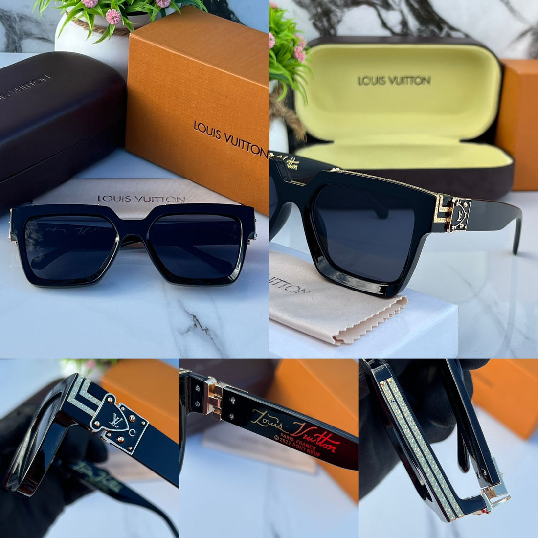 Luxury Black Square Sunglasses for Men | LV-Style Gold Detailing Fashion Goggles