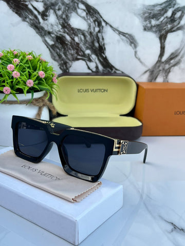 Luxury Black Square Sunglasses for Men | LV-Style Gold Detailing Fashion Goggles