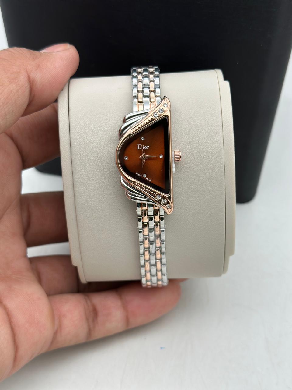 Luxury Women’s Triangular Dial Bracelet Watch | Blue Dial | Rose Gold & Silver Finish (Dior-Style)
