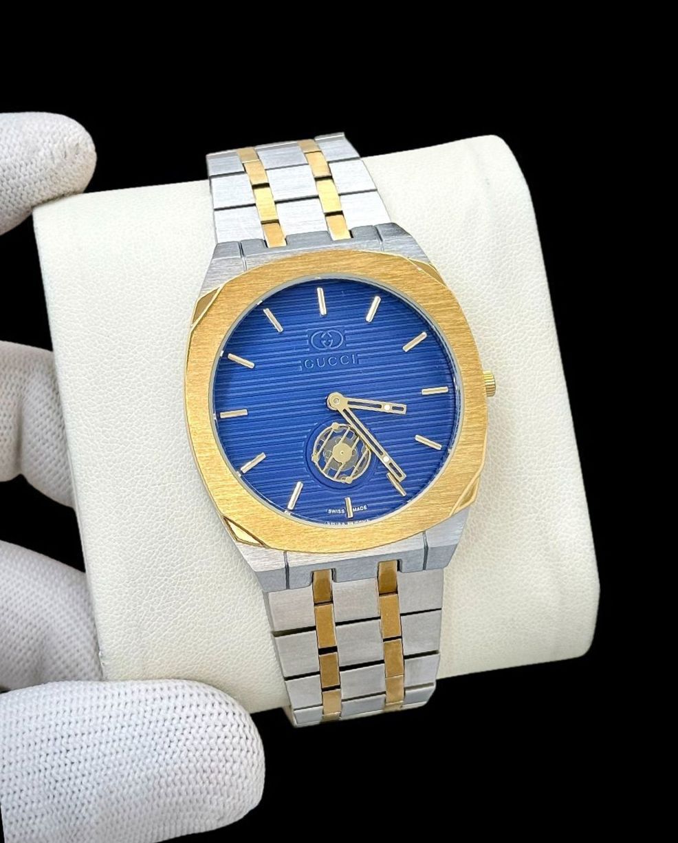 Men’s Luxury Automatic-Style Analog Watch | Gold Dial | Silver & Gold Metal Strap | Premium Designer Wrist Watch