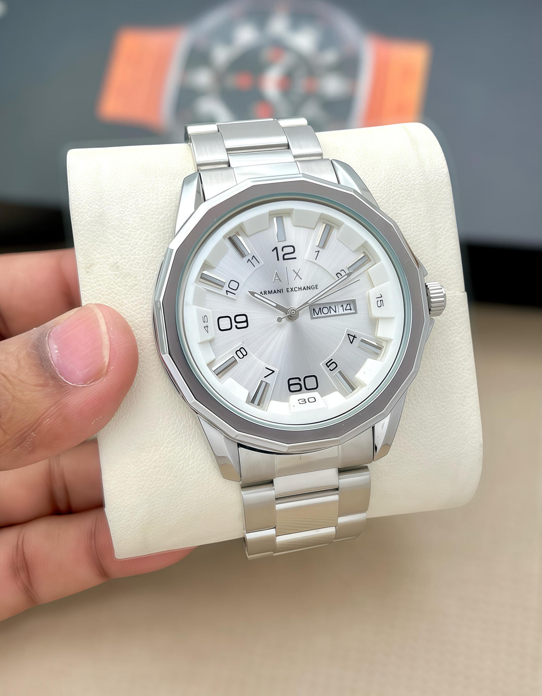 Men’s Luxury Analog Watch | Black Metal Strap | Day & Date Display | Armani Exchange-Style Designer Watch