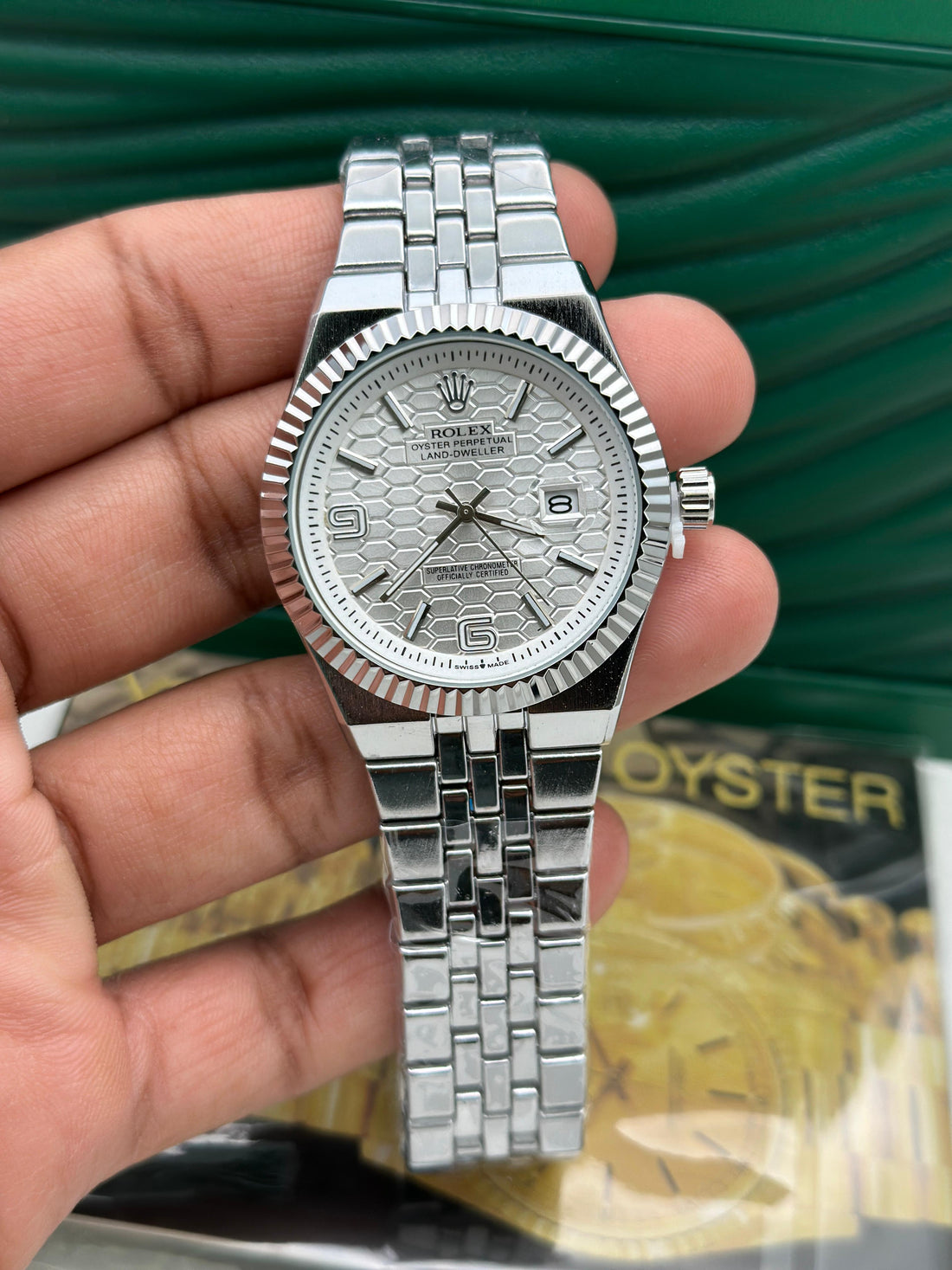Luxury Men’s Watch | Blue Textured Dial | Silver Metal Strap | Rolex-Style Design