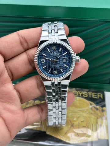 Luxury Men’s Watch | Blue Textured Dial | Silver Metal Strap | Rolex-Style Design