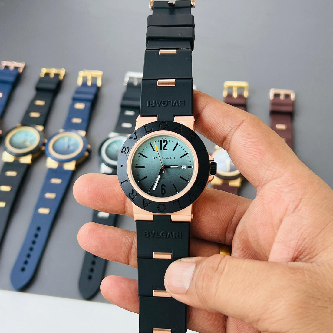 Men’s Luxury Analog Wristwatch | Black & Rose Gold Bezel | Grey Dial | Rubber Strap | Premium Designer Watch