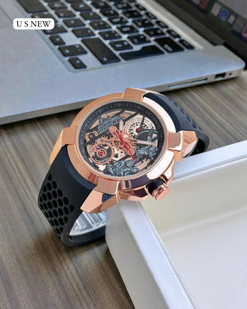 Men’s Luxury Skeleton Dial Watch | Rose Gold Case with Black Silicone Strap | Designer Sports Analog Watch
