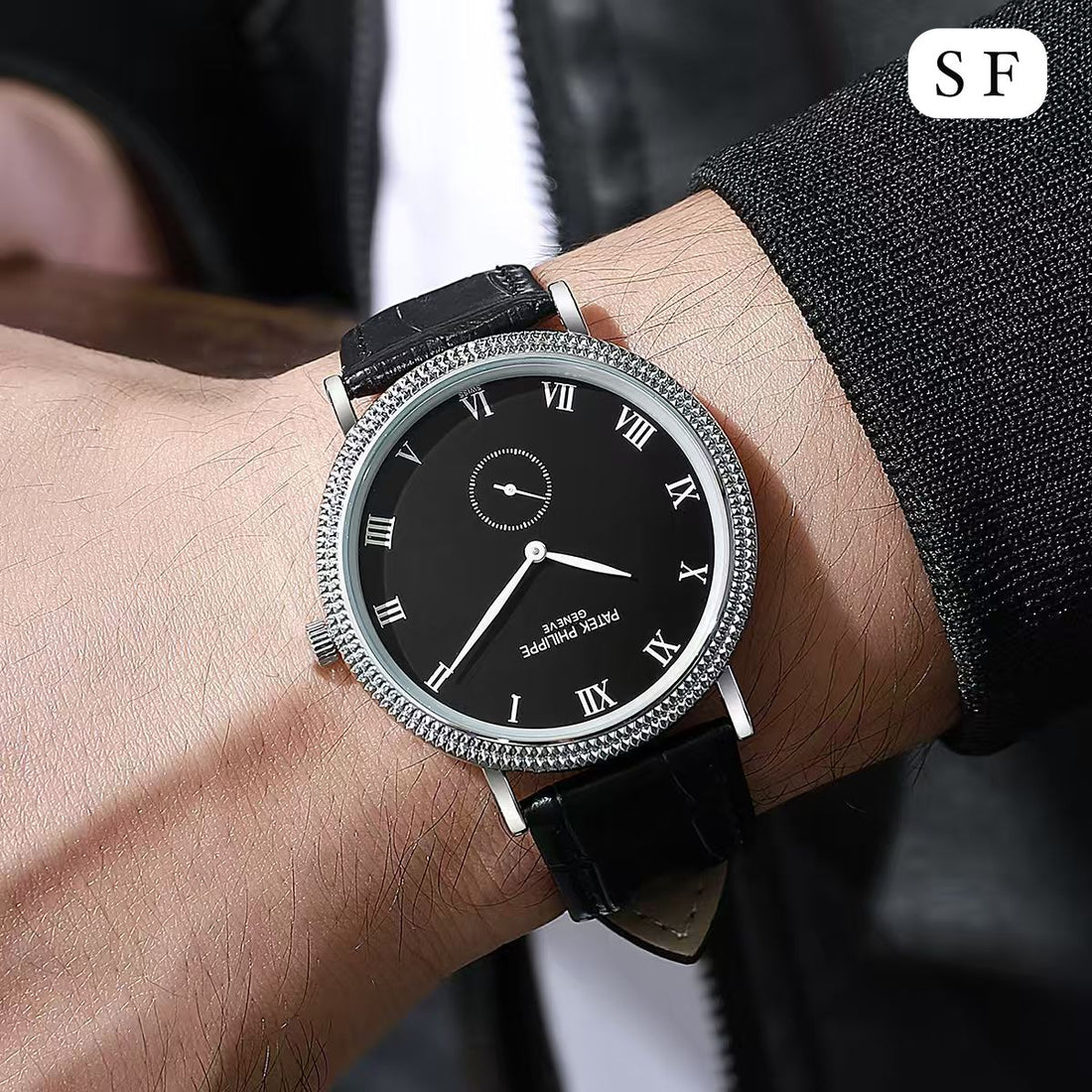 Men’s Classic Roman Dial Analog Watch | Gold Bezel | Black Leather Strap | Luxury Designer Dress Watch