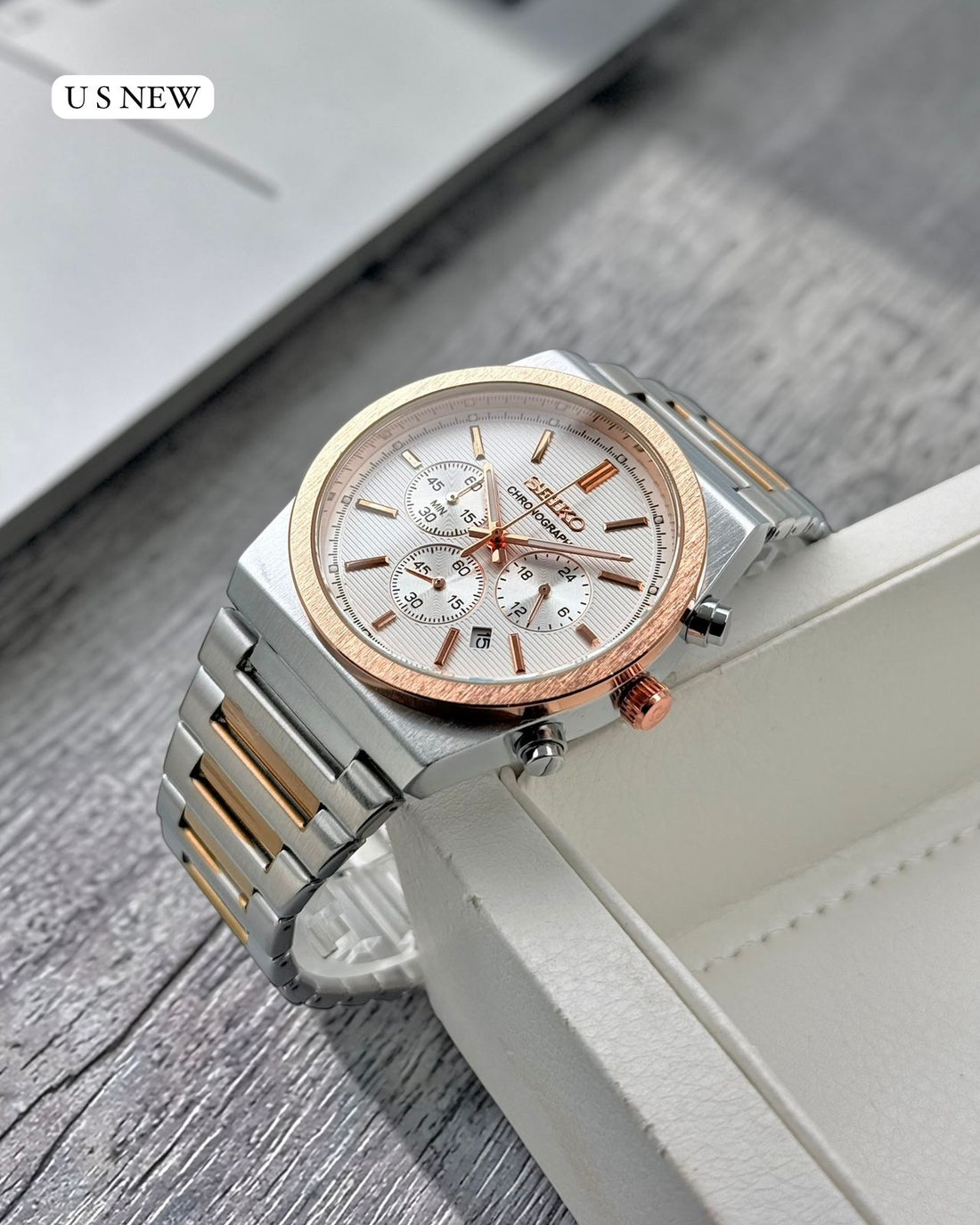 Men’s Luxury Chronograph Watch – Rose Gold Dial Stainless Steel Strap Designer WristWatch