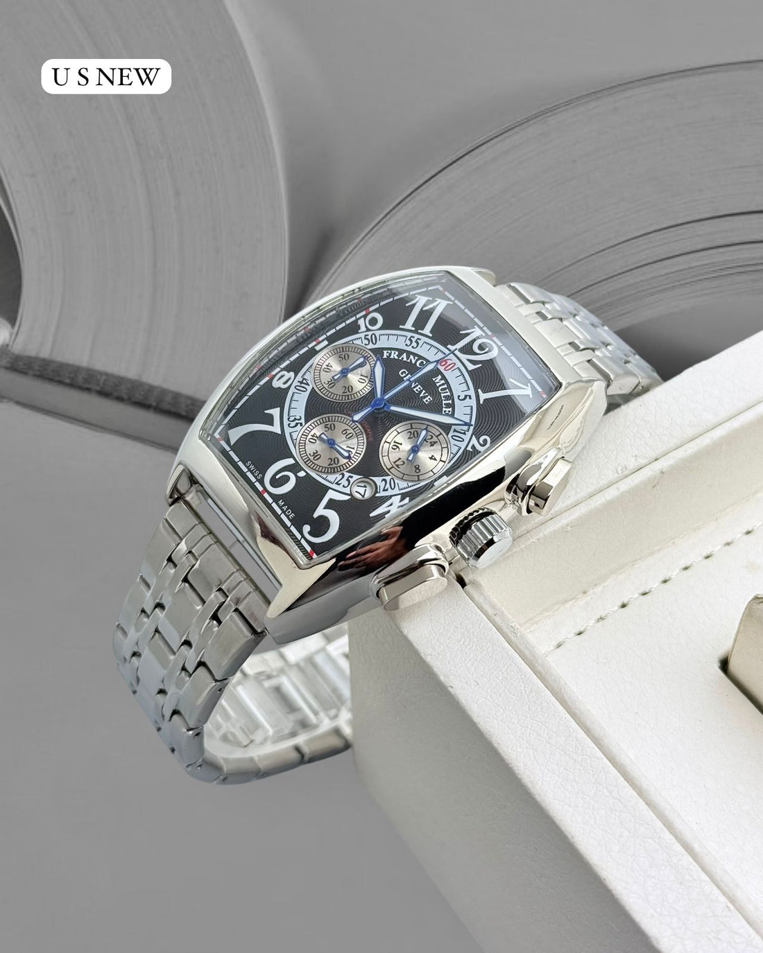 Men’s Luxury Tonneau Chronograph Watch – Silver Stainless Steel Designer Analog Wrist Watch