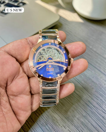 Men’s Luxury Automatic Skeleton Watch – Blue Dial Rose Gold Stainless Steel Designer Wrist Watch