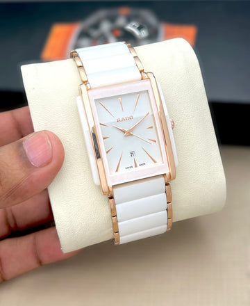 Rado Integral Quartz White Dial Two-Tone Gold & White Ceramic Luxury Watch for Men/Women