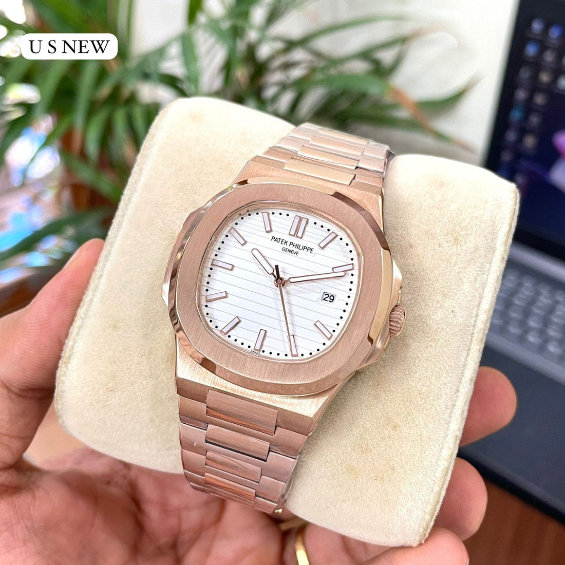 Luxury Rose Gold Chain Watch for Men – Blue Dial Nautilus Style Premium Wrist Watch