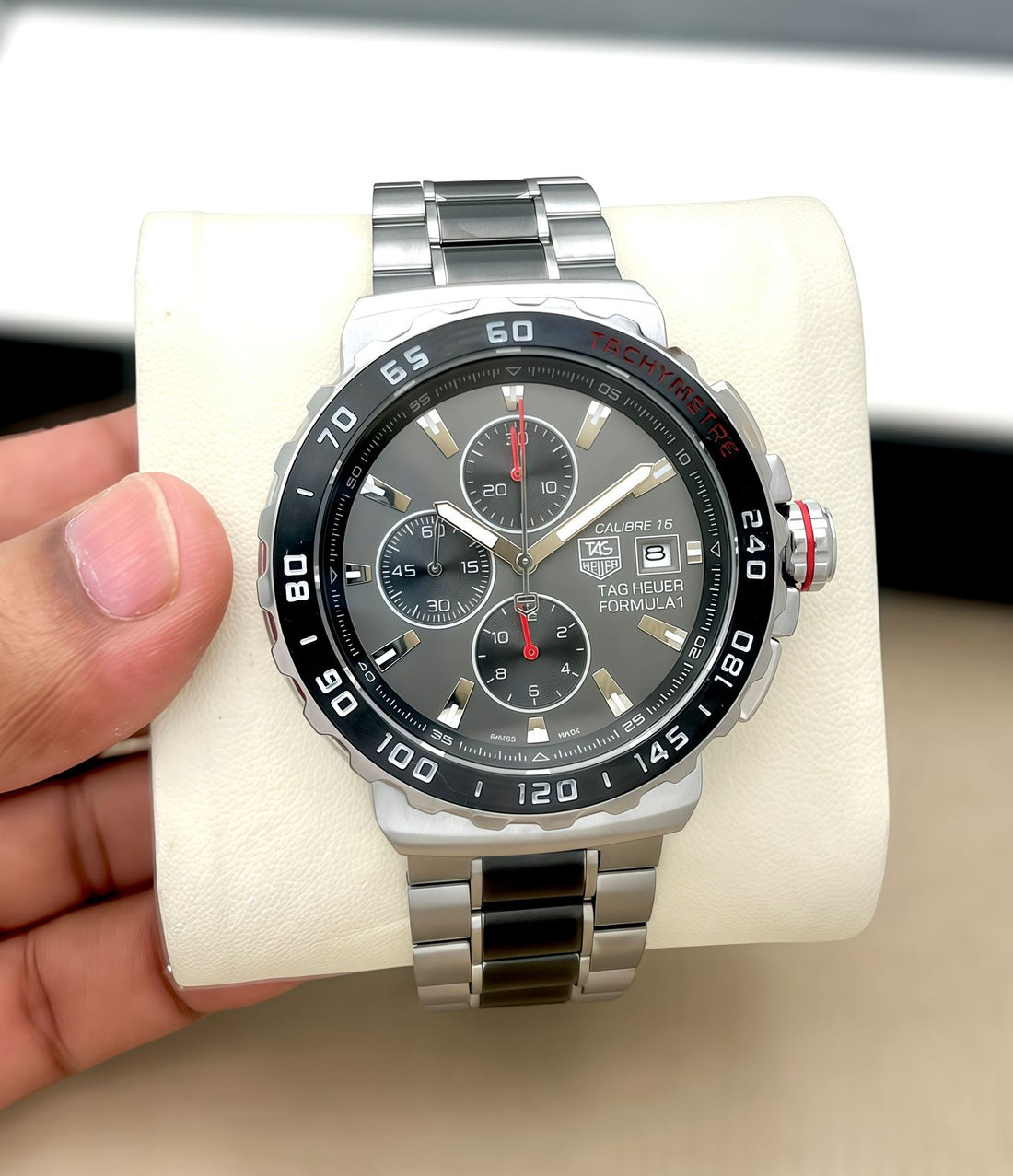Men’s Sports Chronograph Watch – Blue Dial Stainless Steel Strap Tachymeter Style Wrist Watch